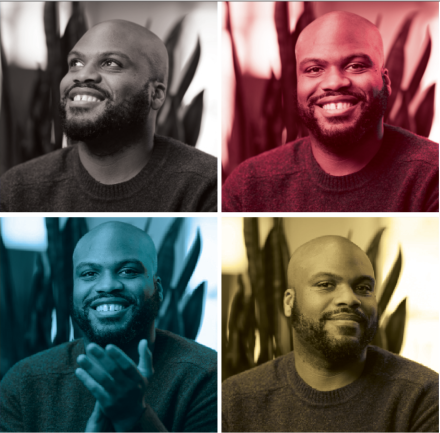 A four-panel collage shows the same man in different color treatments—black and white, red, blue and yellow—each featuring a smiling portrait against a blurred indoor background.